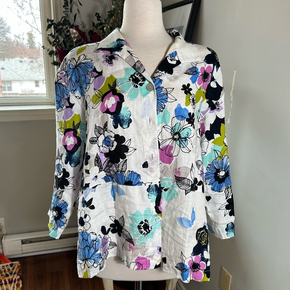 100% Linen Floral Button Up Blouse 3/4 Sleeve XL (PTP 23")